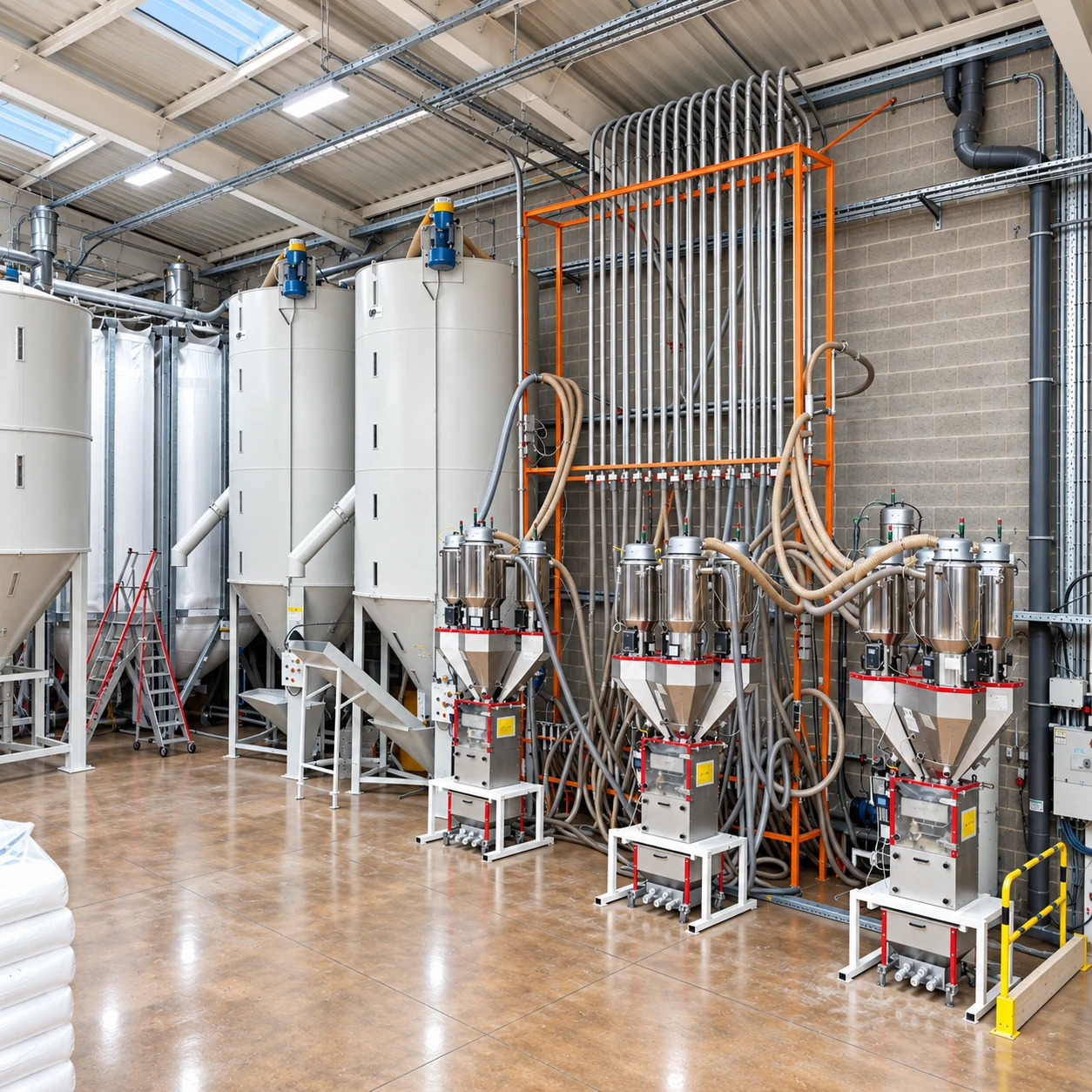 Silos et unités de dosage gravimétrique alimentant les presses, Plazur Industries.